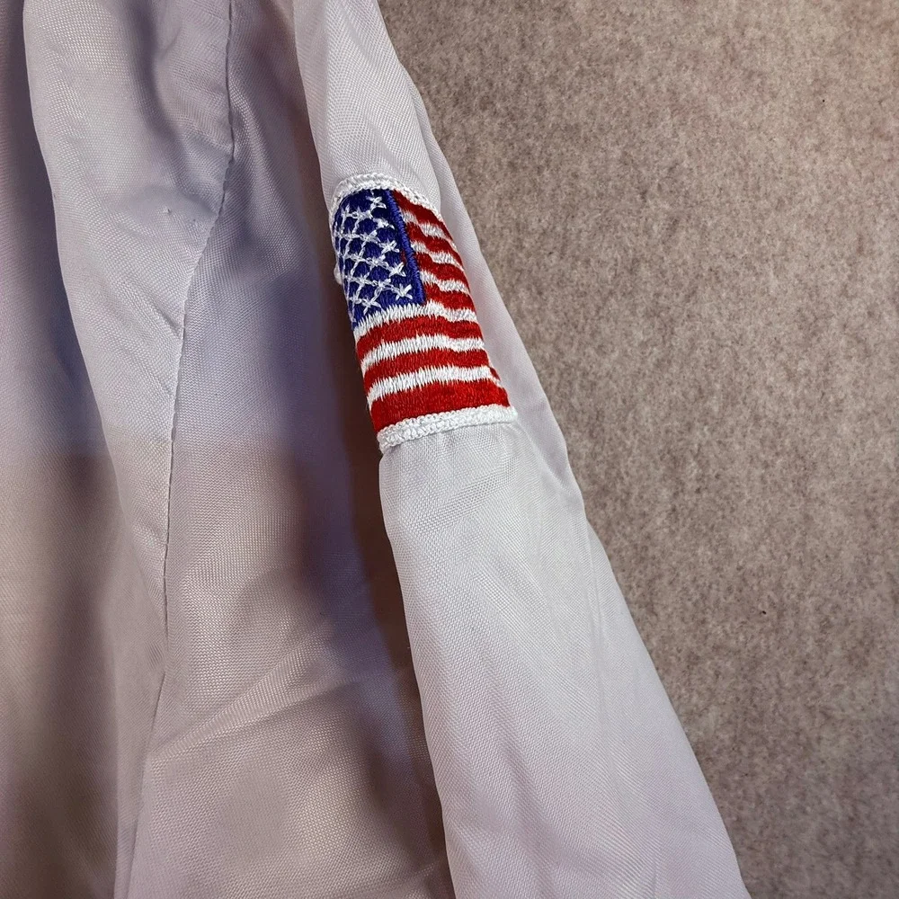 70's VTG White Bomber Jacket Racing Stripes USA Flag Sherpa Lined Full Zip T1957